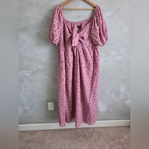 Eloquii Broderie Floral Eyelet Tie Front Puff Sleeve Maxi Dress Mauve Pink 18